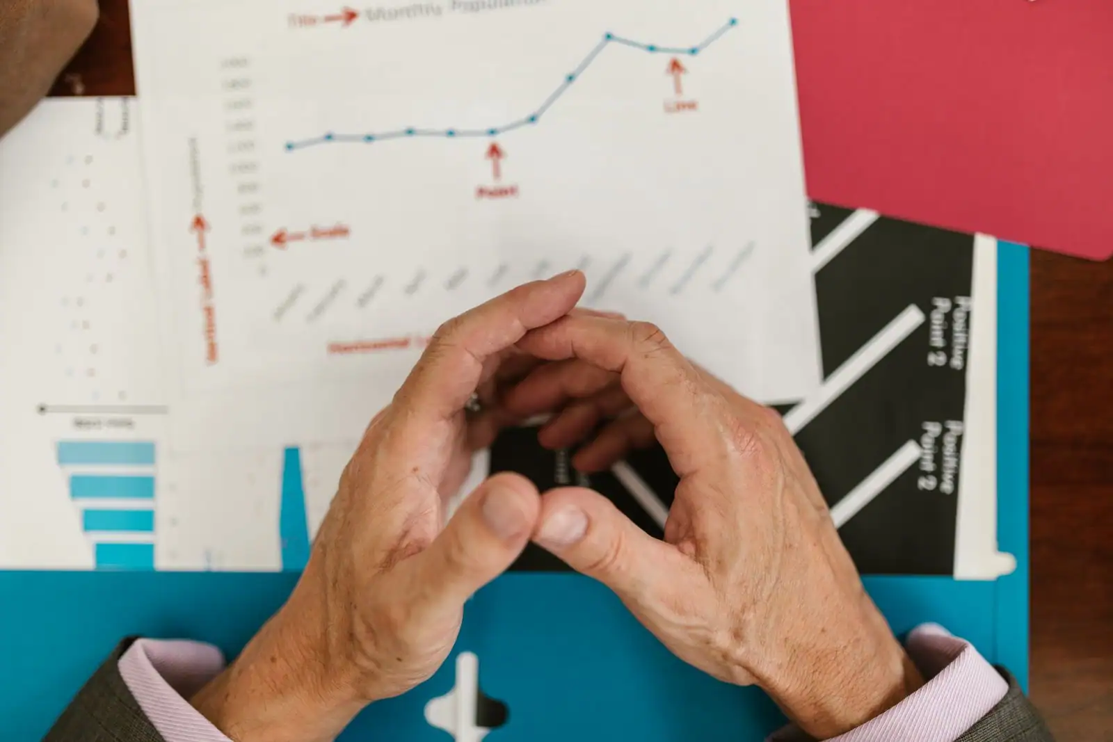 Mains jointes d'un dirigeant au-dessus de documents financiers et de graphiques d'analyse, en pleine réflexion